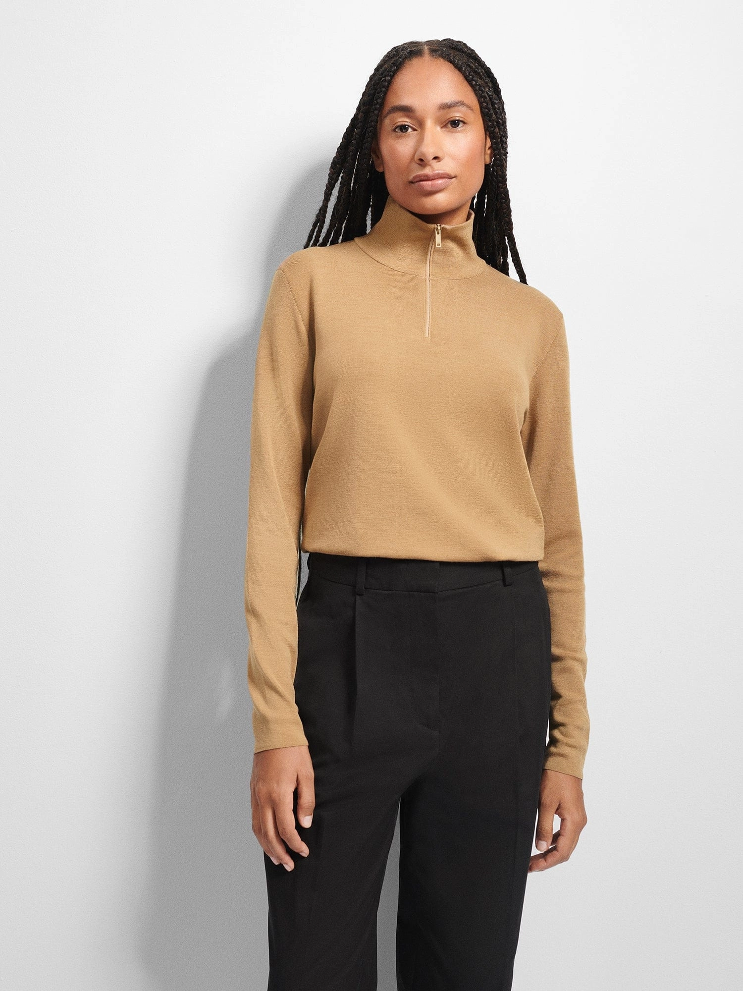 Womens Regenerative Merino Wool Half-Zip Sweater—camel