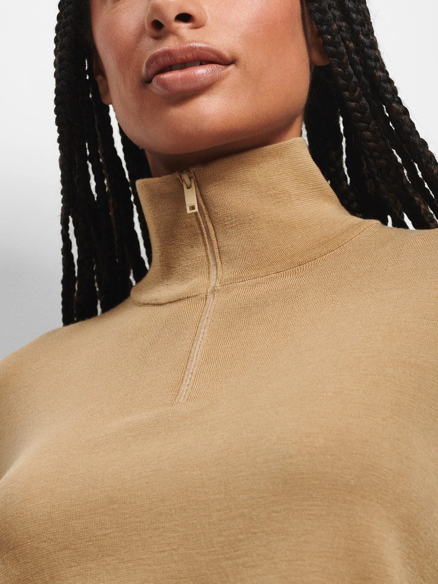 Womens Regenerative Merino Wool Half-Zip Sweater—camel